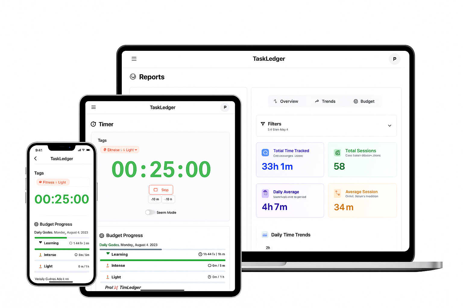 Tasktracker Clock Timer In TaskLedger - Modern Time Tracking Application